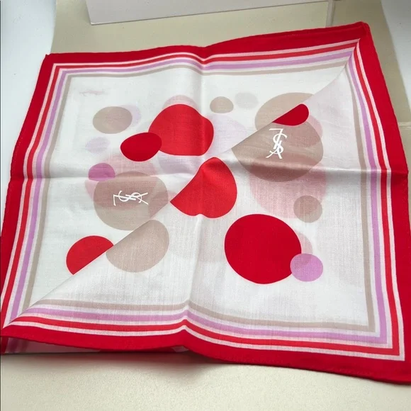 Yves Saint Laurent Red, Lilac & Cream Polka Dot Cotton Handkerchief / Bandana - Picture 11 of 12